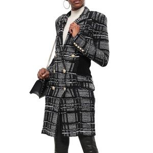 Balmain Double-Breasted Plaid Bouclé-Tweed Midi Coat, Black/Gray Size FR 40